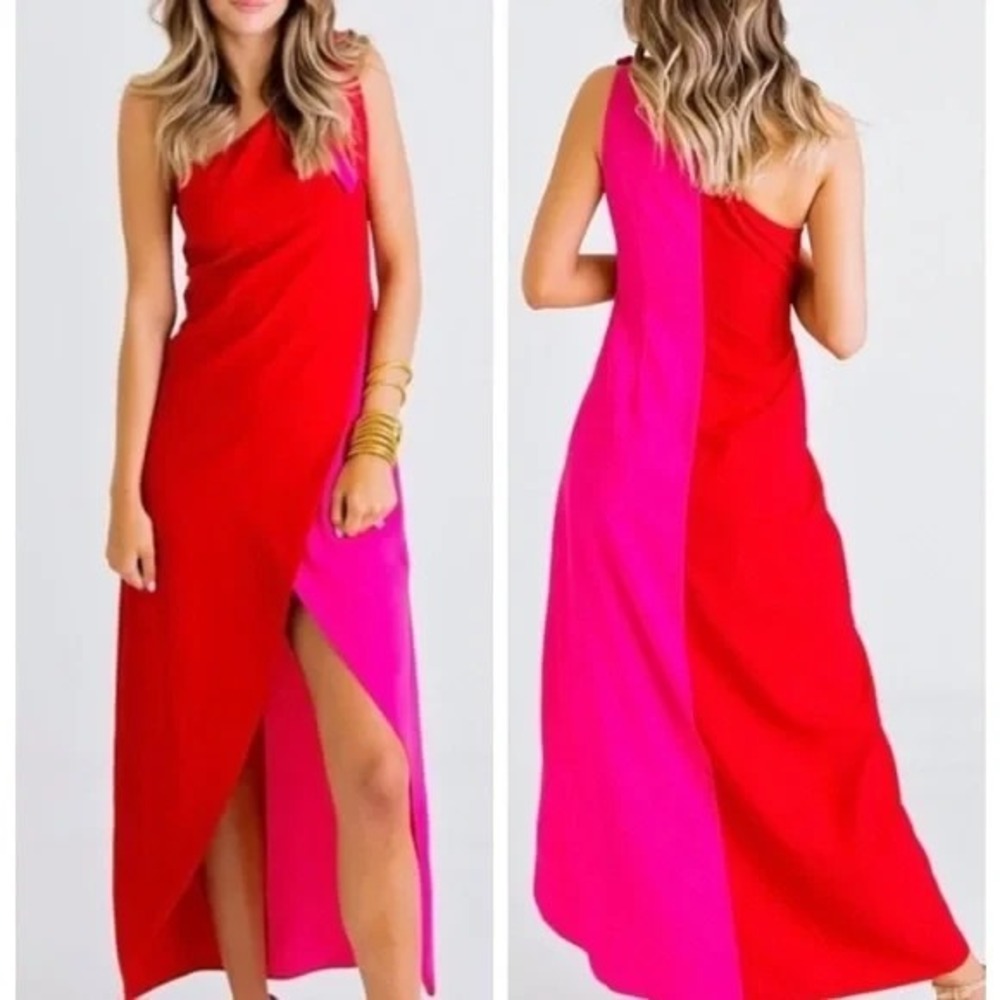 Karlie‎ Womens Asymmetrical One Shoulder Tie Colorblock Dress Red Pink Large
